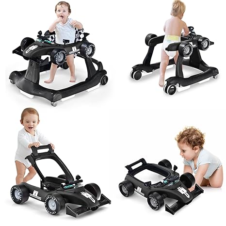 4-in-1 Baby Walker, Activity Push Walker w/3 Adjustable Heights, Smooth Wheels w/Adjustable Speed, Padded Seat, Music & Light, Foldable Car Walker for Baby Boys Girls Age 6 Months+ (Purple)