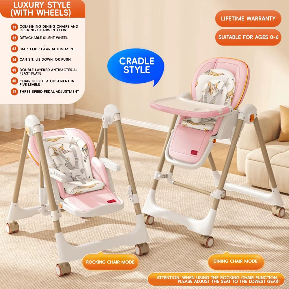 Multifunctional foldable baby high chair and swing seat for feeding in the kitchen or living room