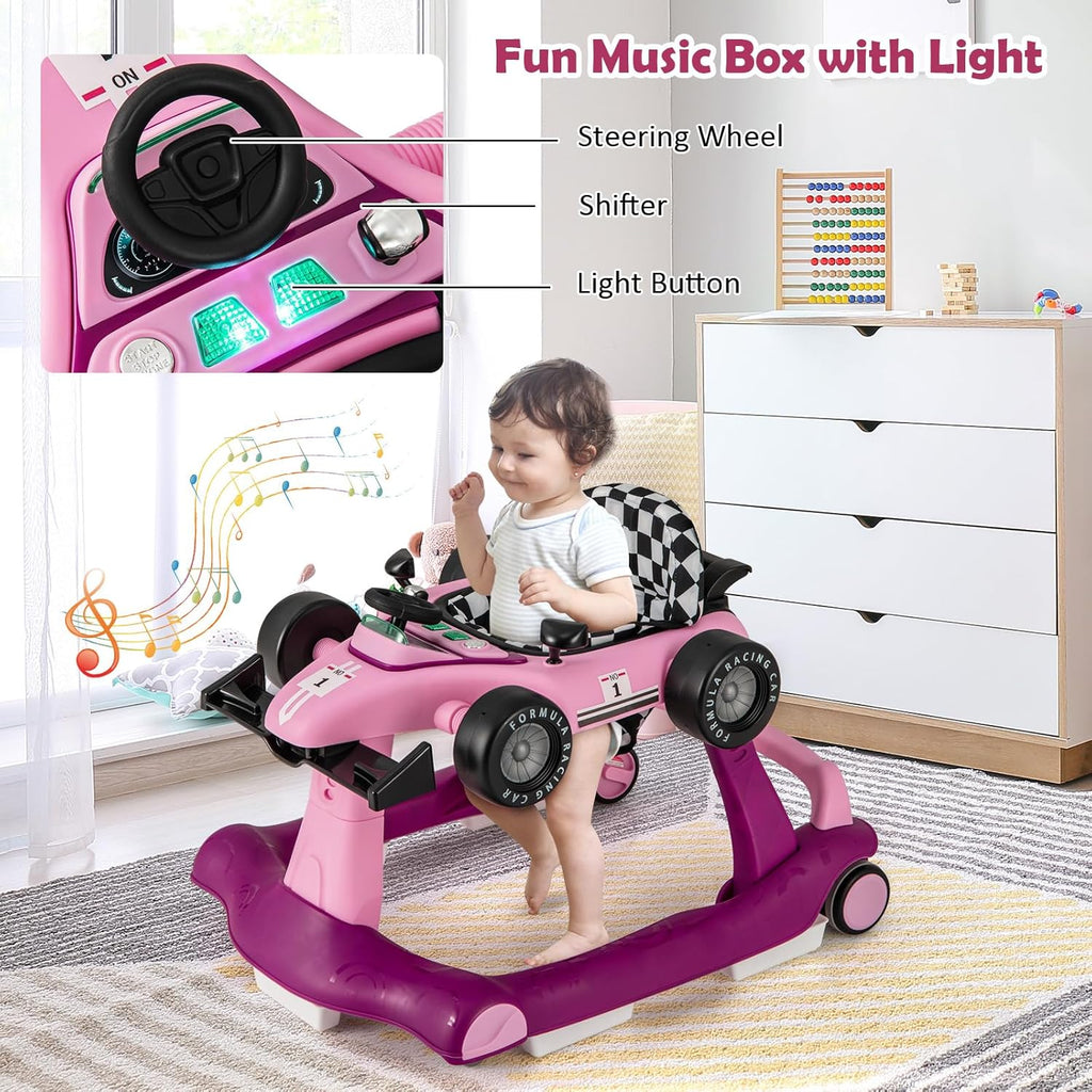 4-in-1 Baby Walker, Activity Push Walker w/3 Adjustable Heights, Smooth Wheels w/Adjustable Speed, Padded Seat, Music & Light, Foldable Car Walker for Baby Boys Girls Age 6 Months+ (Purple)