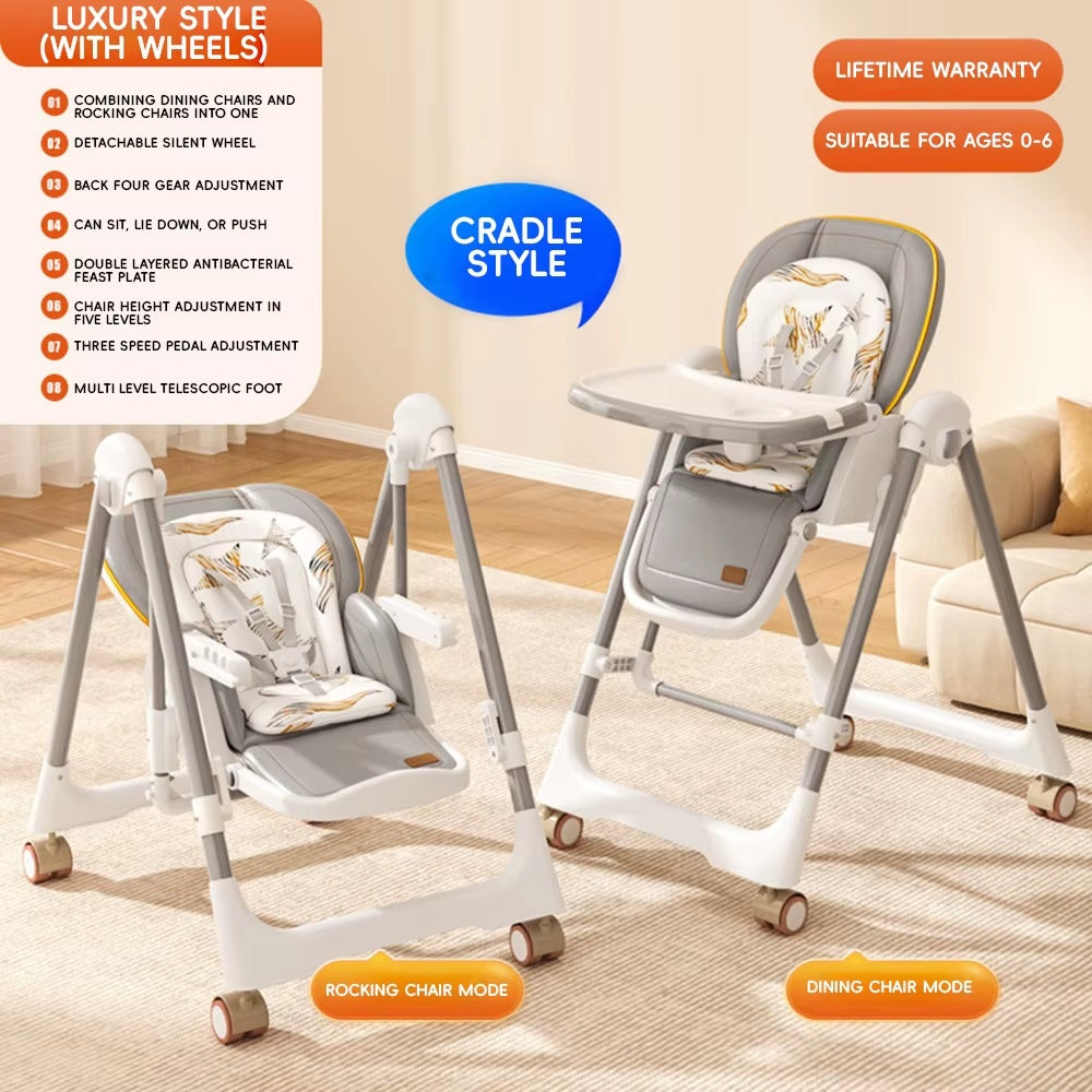 Multifunctional foldable baby high chair and swing seat for feeding in the kitchen or living room