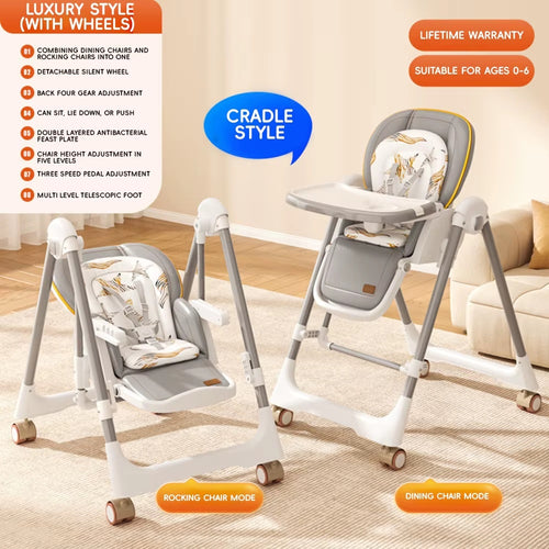 Multifunctional foldable baby high chair and swing seat for feeding in the kitchen or living room