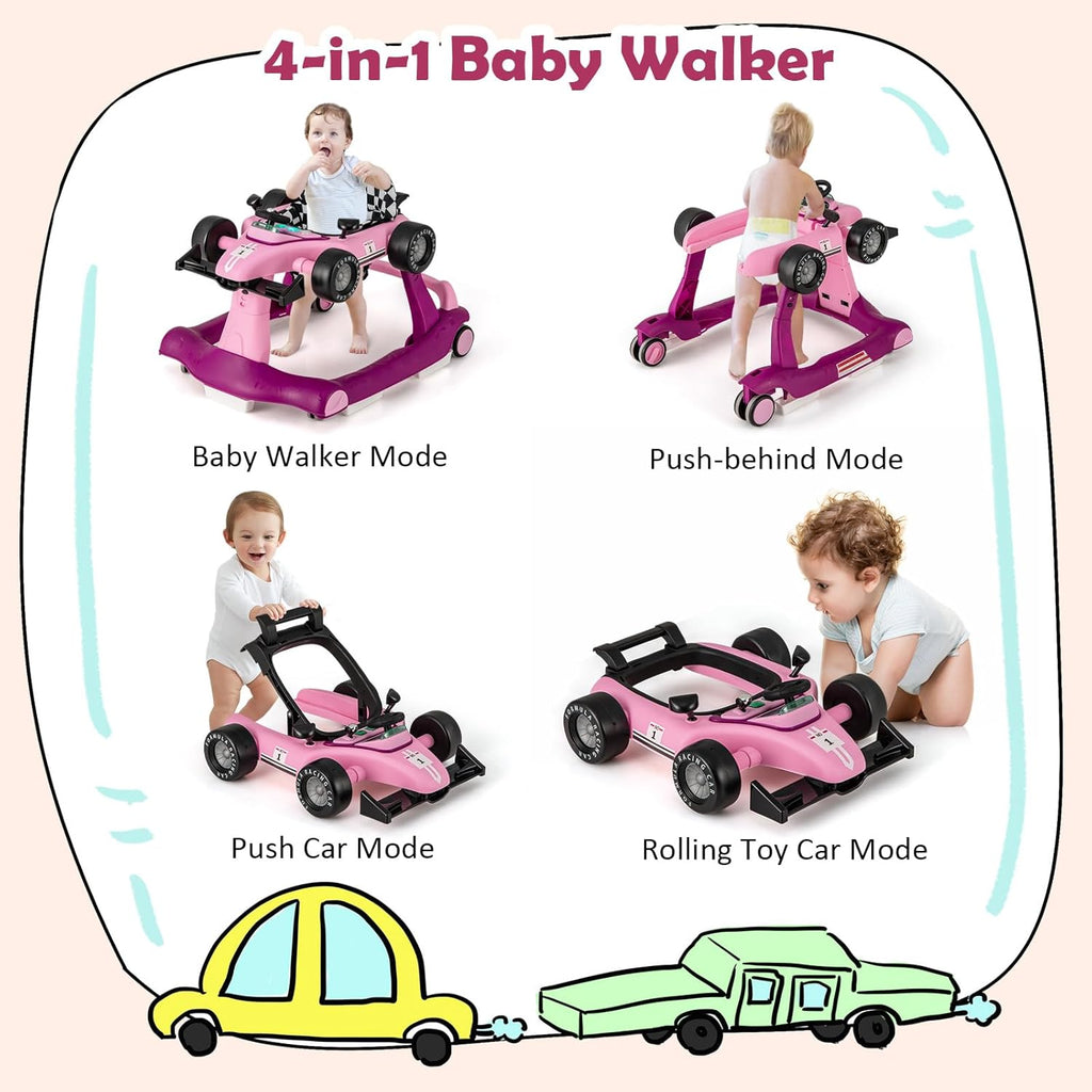 4-in-1 Baby Walker, Activity Push Walker w/3 Adjustable Heights, Smooth Wheels w/Adjustable Speed, Padded Seat, Music & Light, Foldable Car Walker for Baby Boys Girls Age 6 Months+ (Purple)