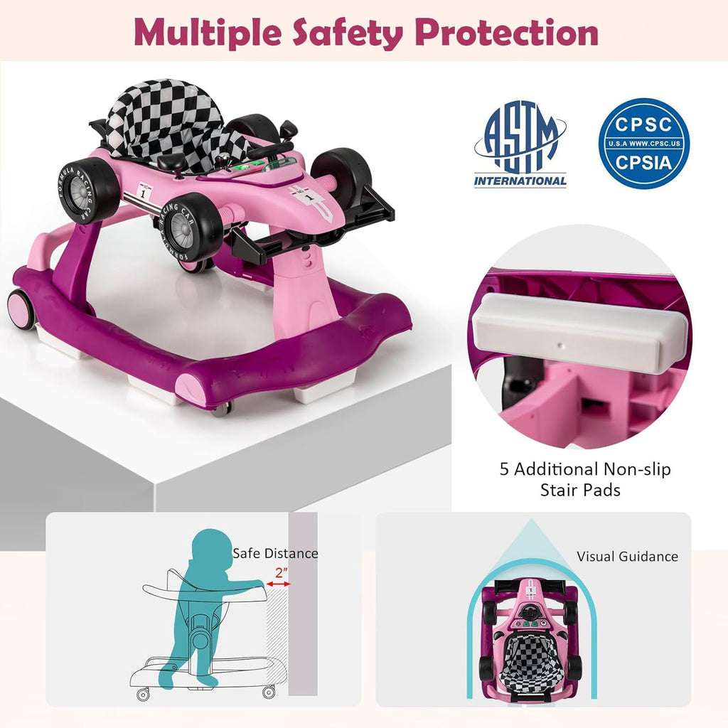 4-in-1 Baby Walker, Activity Push Walker w/3 Adjustable Heights, Smooth Wheels w/Adjustable Speed, Padded Seat, Music & Light, Foldable Car Walker for Baby Boys Girls Age 6 Months+ (Purple)