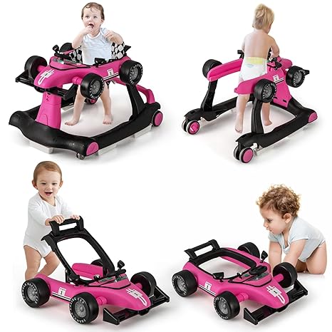 4-in-1 Baby Walker, Activity Push Walker w/3 Adjustable Heights, Smooth Wheels w/Adjustable Speed, Padded Seat, Music & Light, Foldable Car Walker for Baby Boys Girls Age 6 Months+ (Purple)