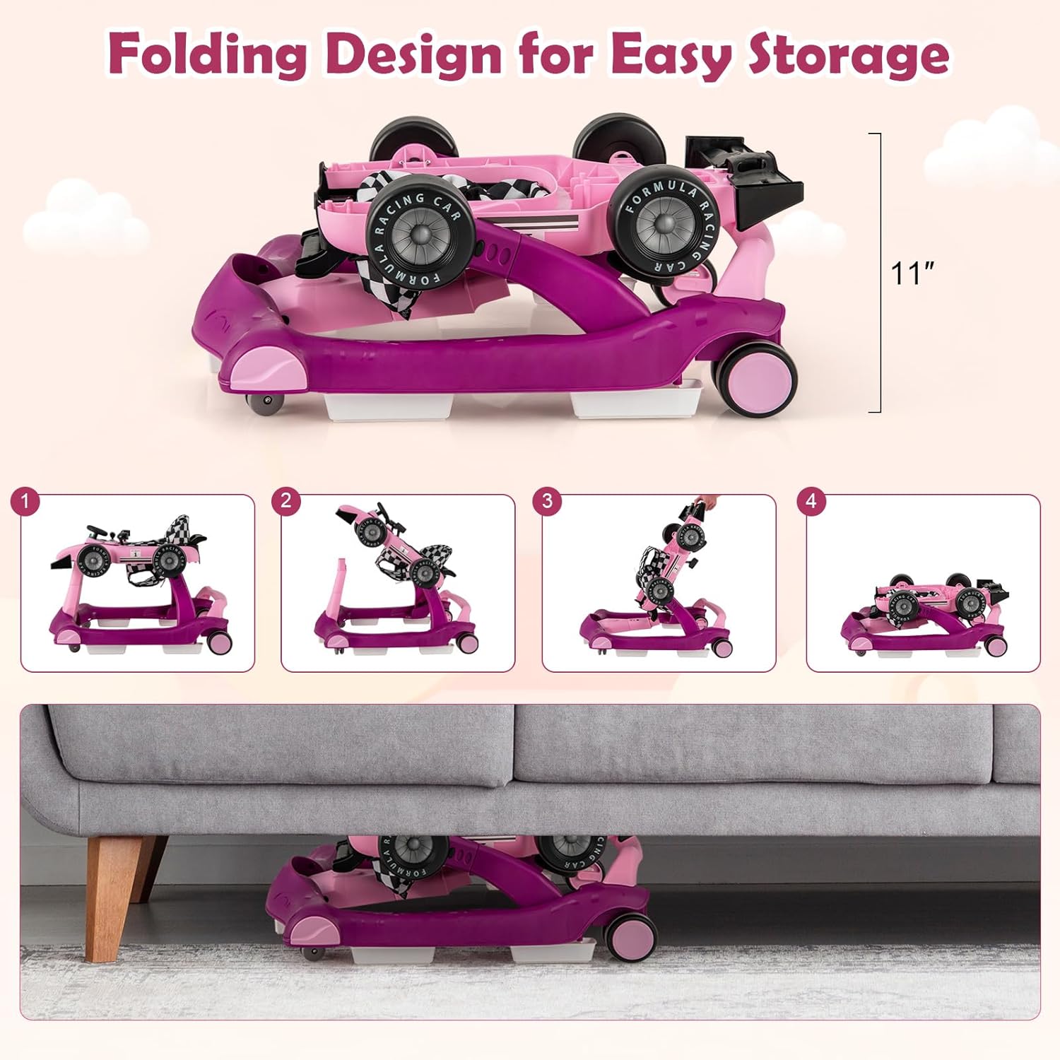 4-in-1 Baby Walker, Activity Push Walker w/3 Adjustable Heights, Smooth Wheels w/Adjustable Speed, Padded Seat, Music & Light, Foldable Car Walker for Baby Boys Girls Age 6 Months+ (Purple)