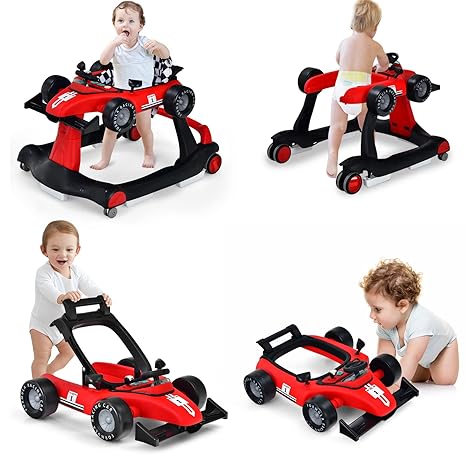 4-in-1 Baby Walker, Activity Push Walker w/3 Adjustable Heights, Smooth Wheels w/Adjustable Speed, Padded Seat, Music & Light, Foldable Car Walker for Baby Boys Girls Age 6 Months+ (Purple)