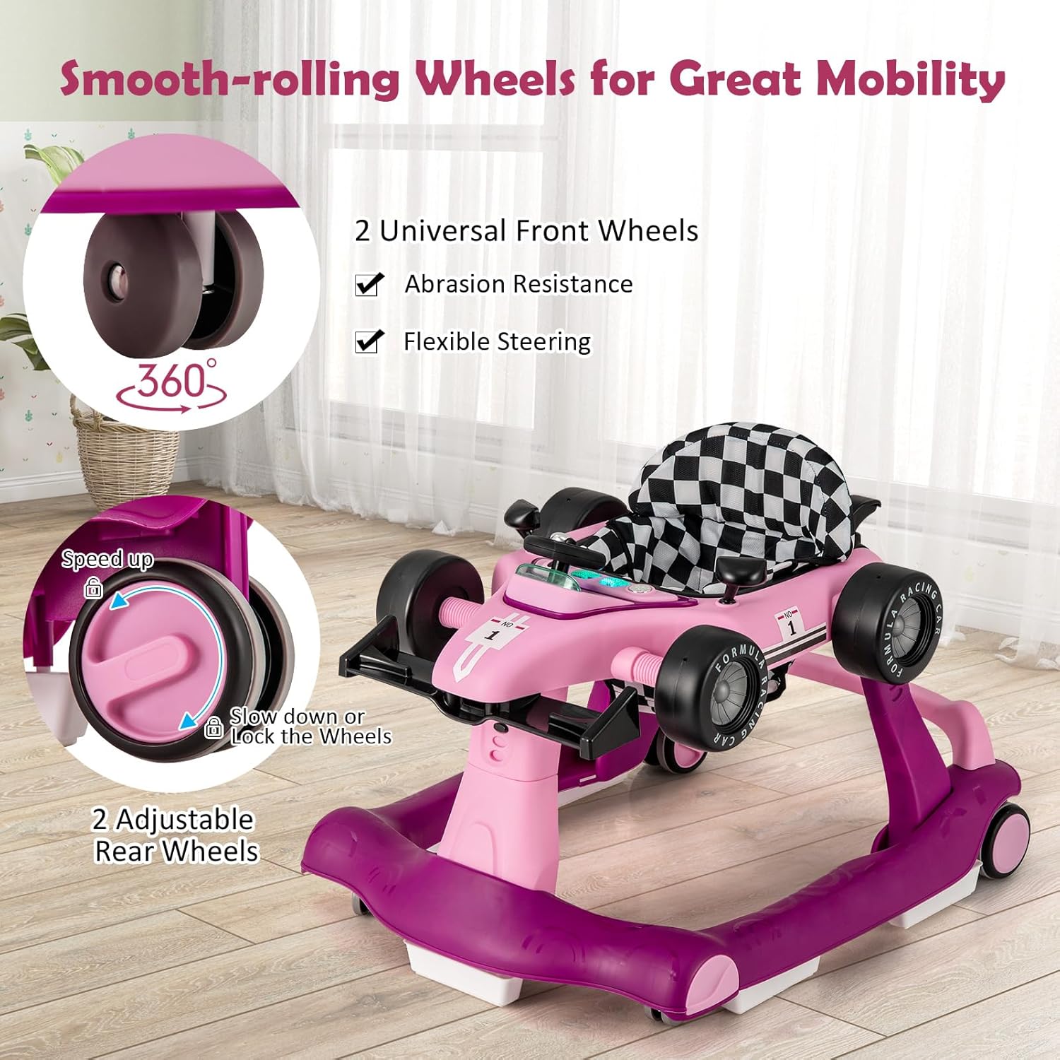4-in-1 Baby Walker, Activity Push Walker w/3 Adjustable Heights, Smooth Wheels w/Adjustable Speed, Padded Seat, Music & Light, Foldable Car Walker for Baby Boys Girls Age 6 Months+ (Purple)