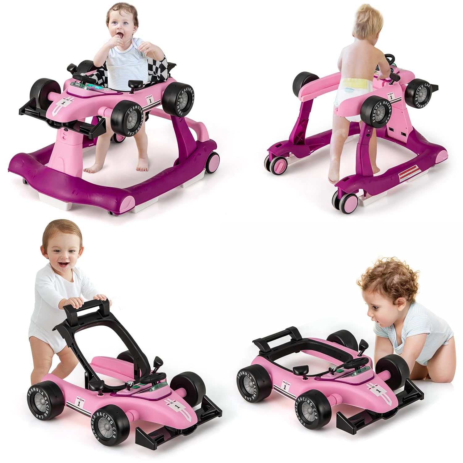 4-in-1 Baby Walker, Activity Push Walker w/3 Adjustable Heights, Smooth Wheels w/Adjustable Speed, Padded Seat, Music & Light, Foldable Car Walker for Baby Boys Girls Age 6 Months+ (Purple)