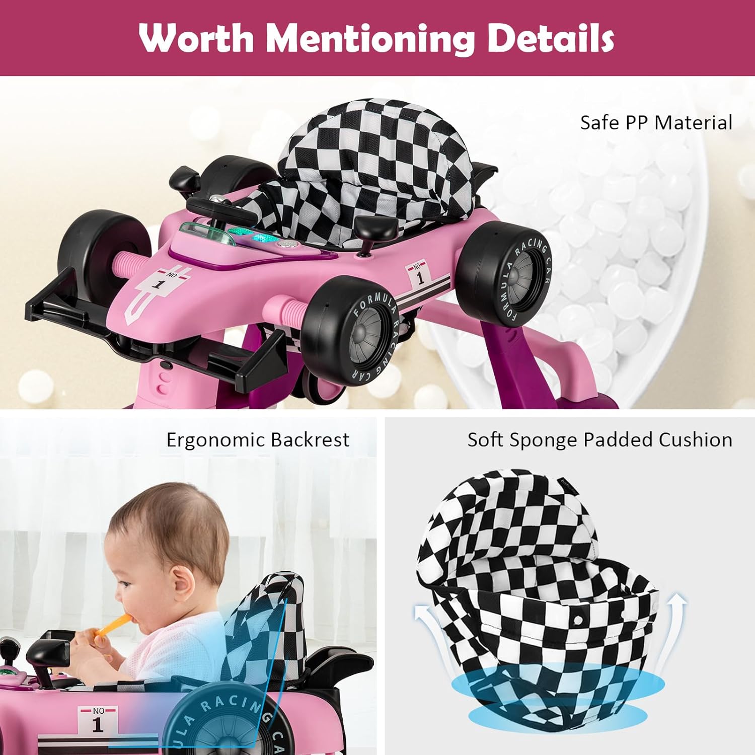4-in-1 Baby Walker, Activity Push Walker w/3 Adjustable Heights, Smooth Wheels w/Adjustable Speed, Padded Seat, Music & Light, Foldable Car Walker for Baby Boys Girls Age 6 Months+ (Purple)