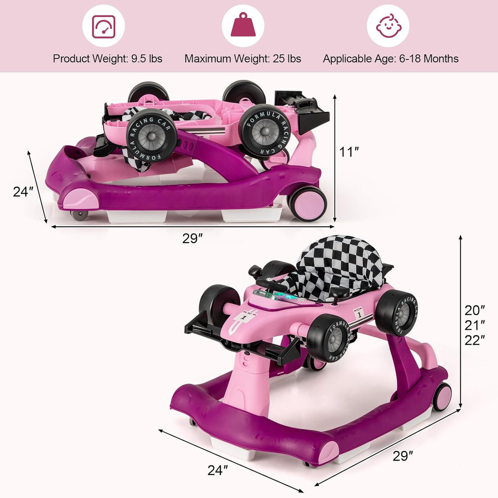 4-in-1 Baby Walker, Activity Push Walker w/3 Adjustable Heights, Smooth Wheels w/Adjustable Speed, Padded Seat, Music & Light, Foldable Car Walker for Baby Boys Girls Age 6 Months+ (Purple)
