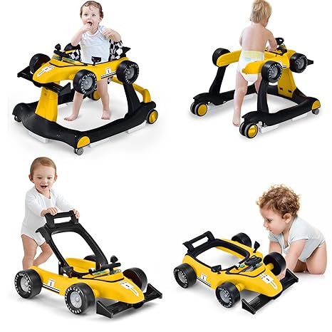 4-in-1 Baby Walker, Activity Push Walker w/3 Adjustable Heights, Smooth Wheels w/Adjustable Speed, Padded Seat, Music & Light, Foldable Car Walker for Baby Boys Girls Age 6 Months+ (Purple)